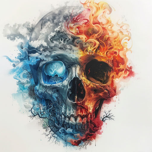 Elemental skull tattoo on white background