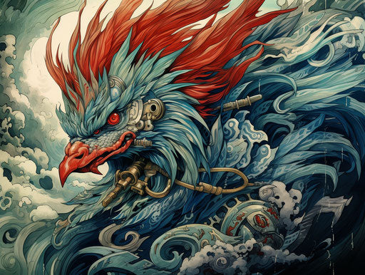 Blueish rooster dragon tattoo drawing, chinapunk style, dark emerald and red