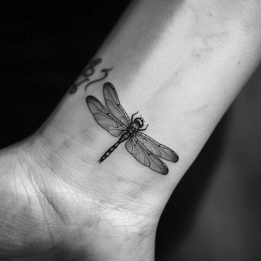 Tiny dragonfly wrist tattoos, in the style of Ami James
