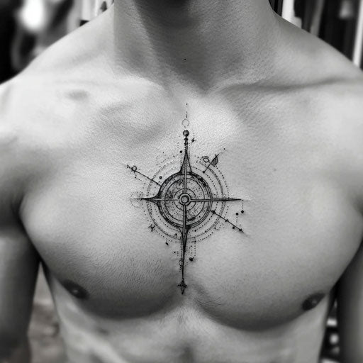 Small chest tattoos for men with celestial elements, in the style of J.P. Targete