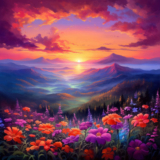 Colorful sunset with mountains and flowers