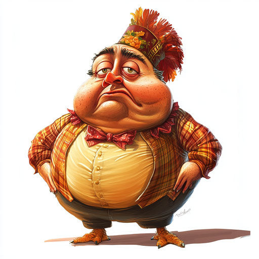 Humorous caricature of a thanksgiving images caricature clipart with human characteristics, exaggerated chubby cheeks, thin arms, smooth surfaces, vibrant colors, cartoon style, angry, high-resolution, no background, isolated