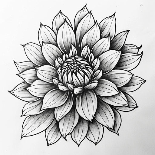 Sketch of black and white dahlia tattoo with high contrast