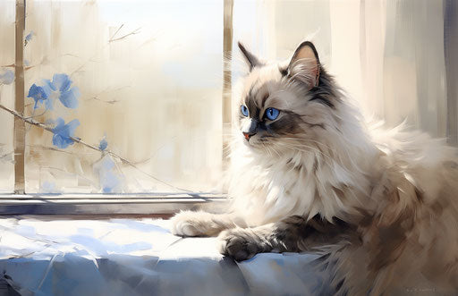 Cat gazing out window, iconic and soft style