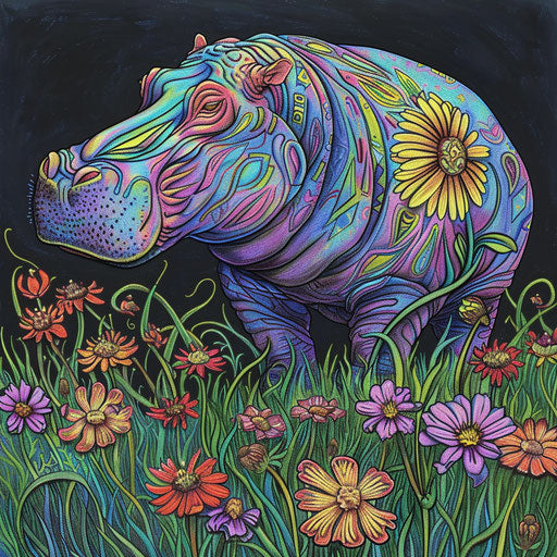 Hippo among wildflowers