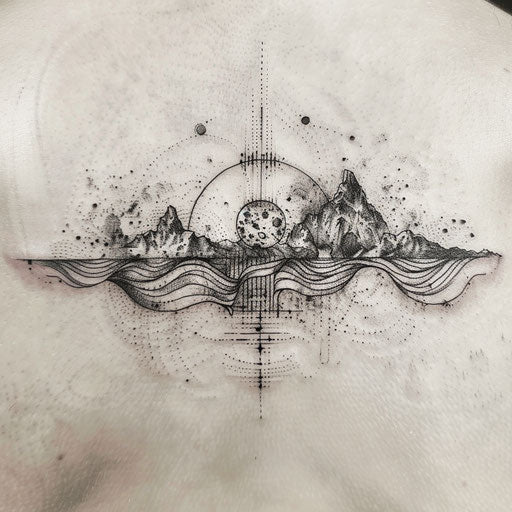 Flat tattoo sketch of a realistic depiction of sound waves traveling through the atmosphere
