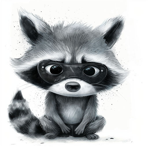 Mischievous raccoon drawn in gray and black on white canvas