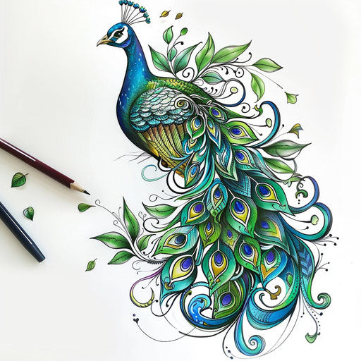 Art deco tattoo sketch of peacock with vibrant feathers