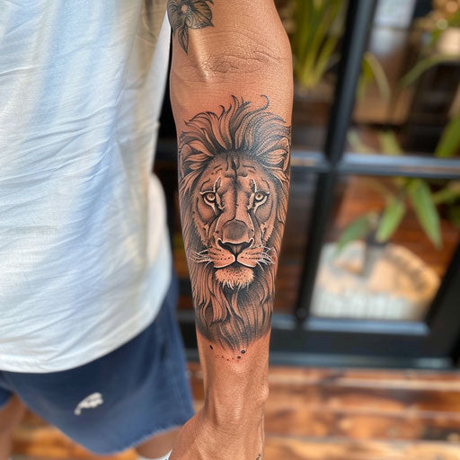 Forearm tattoo with lion, Ami James style