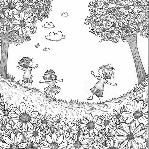 Children playing in a field of daisies