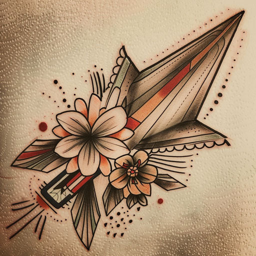 Retro tattoo sketch of a paper airplane with 1950s style patterns and muted colors