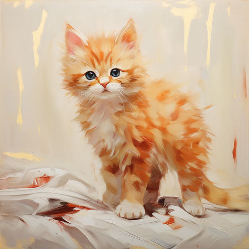Small orange kitten standing on light maroon and gold bed