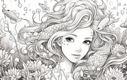 Mermaid coloring page, detailed ink style, whimsical manga