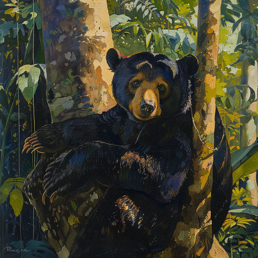 Sun bear resting in the shade of tall trees