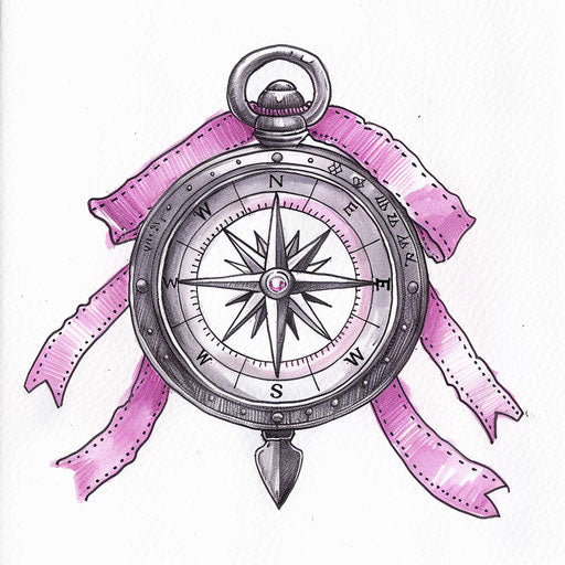 Drawing of a compass tattoo with a pink ribbon on white canvas