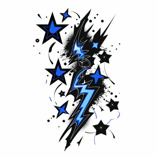 Dynamic flat tattoo sketch with electric blue lightning bolts and stars on black background