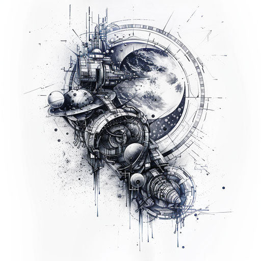 Biomechanical galaxy merging organic and mechanical on white canvas