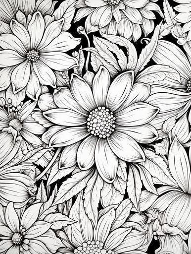 Calming adult coloring page with flowery details