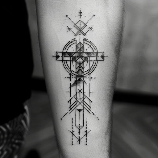 Cruz with geometric shapes and shadows, simplistic tattoo sketch