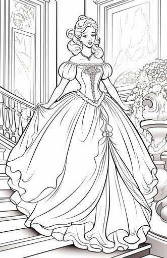 Printable Cinderella coloring pages, in comic art style, elegantly formal 11:17