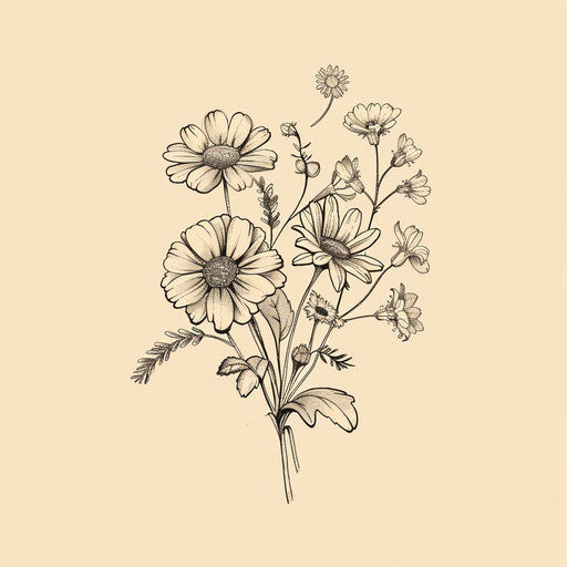 Flat tattoo sketch of a birth flower bouquet with minimalist chamomile and jasmine