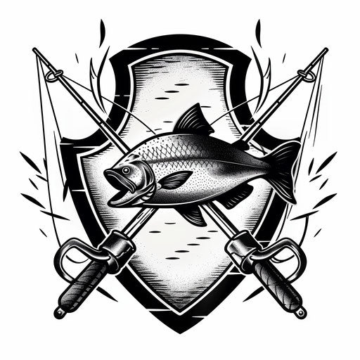 Bold and graphic tattoo illustration of a fishing badge, featuring a fish and crossed rods, on a clean white background.