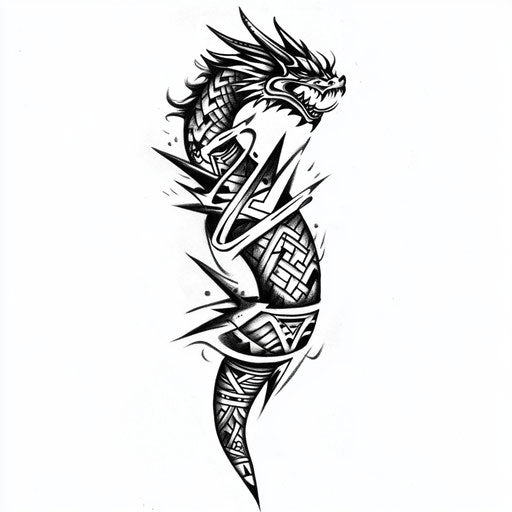 Beautiful clipart style flat tattoo sketch of tribal dragon tattoo with tail wrapping around armband design on white background