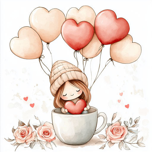 Girl with heart-shaped balloons in coffee cup