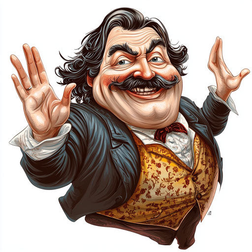 Humorous caricature of a caricature of Honoré de Balzac with human characteristics, exaggerated prominent chin, big hands, playful setting, vibrant colors, cartoon style, waving, high resolution, no background, isolated