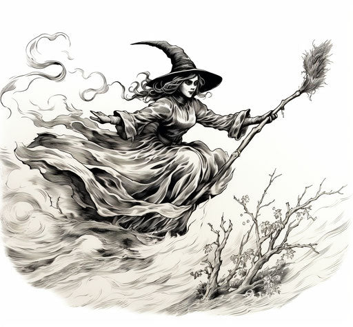 Witch flying on witch broom coloring pages