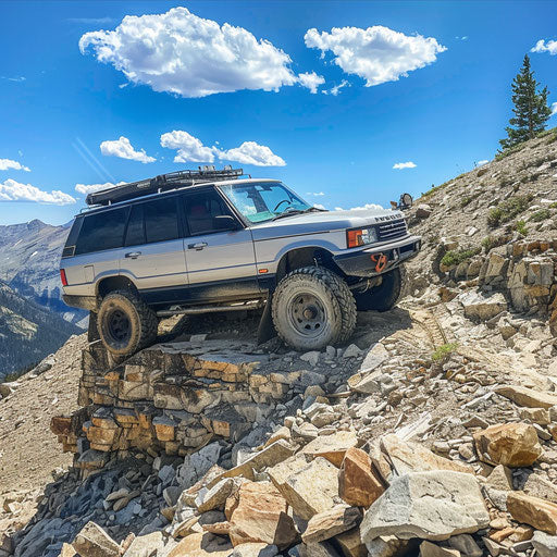 Modified SUV conquering rocky mountain trail