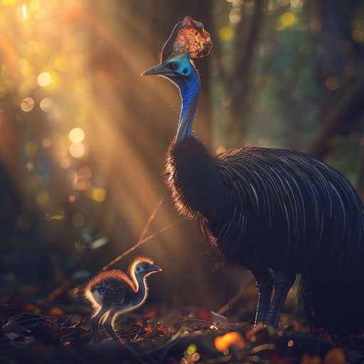 Cassowary and offspring under soft light