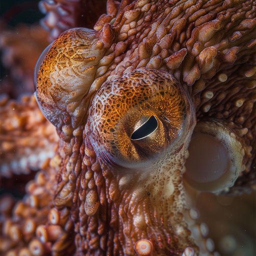 Close-up of an octopus's beak, surrounded by swirling tentacles