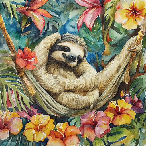 Sloth in a hammock surrounded by tropical flowers