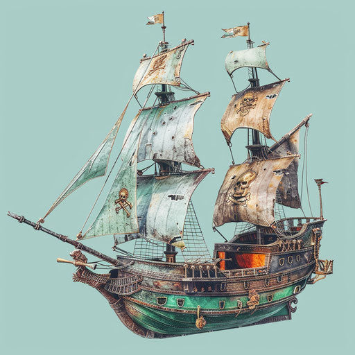 Realistic pirate ship clipart with flat teal background