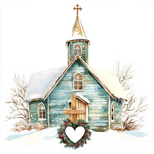 Hand-painted rustic church with wooden cross and heart wreath