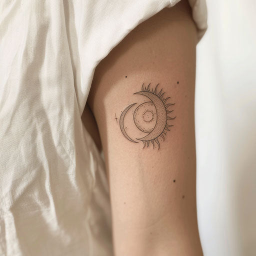 Abstract, minimal tattoo design of a sun and moon, interconnected, on a white background