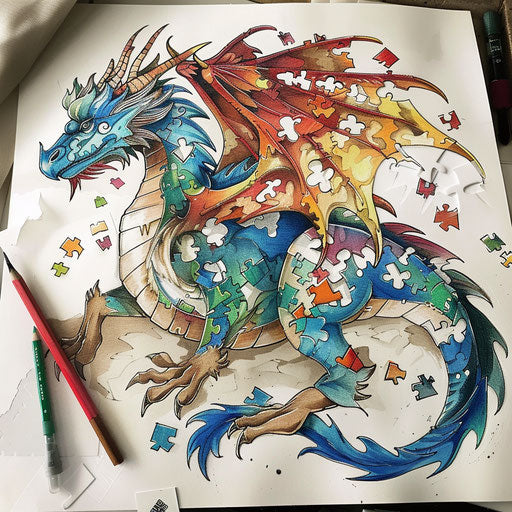 Majestic dragon with autism puzzle scales on white surface