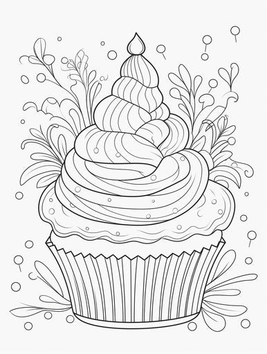 Happy birthday cupcake coloring page, in the style of John Brack, Ingrid Baars, pictorial, Richard Tuttle, photobash, happenings, 3:4