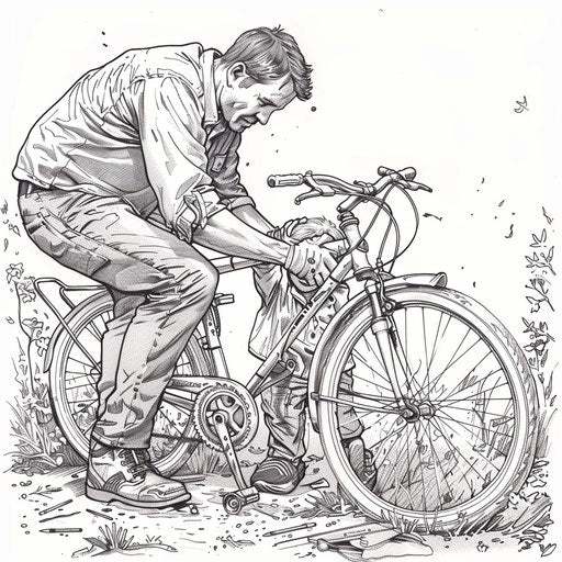 Dad fixing bike, child watching closely