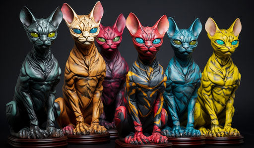 Sphynx cats care guide, dark bronze and silver, primitivist realism