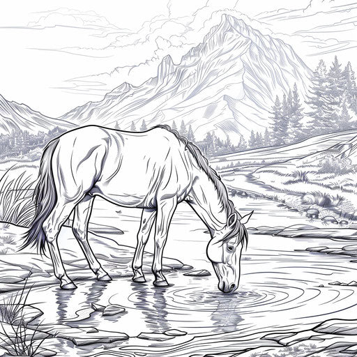 Horse drinking water from a river with mountains in the background