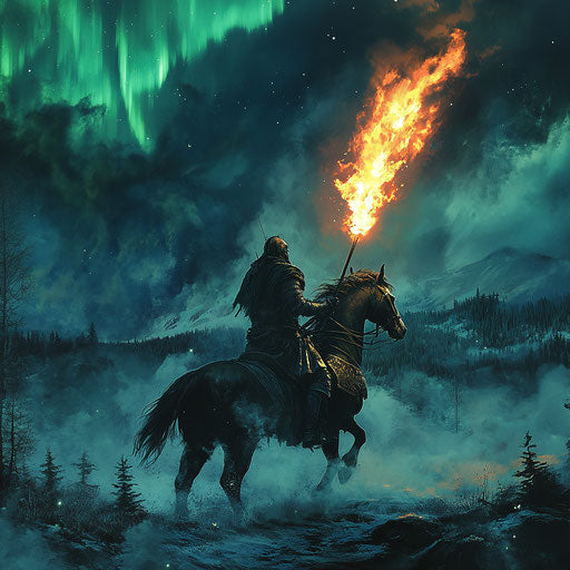 Headless horseman in Norse armor riding through misty battlefield under Northern Lights