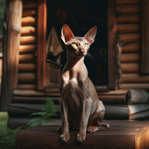 Oriental shorthair cat sitting in front of a log cabin