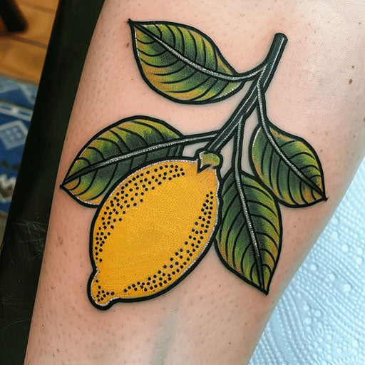 Bold tattoo drawing of a lemon with thick black outlines and a pop art feel