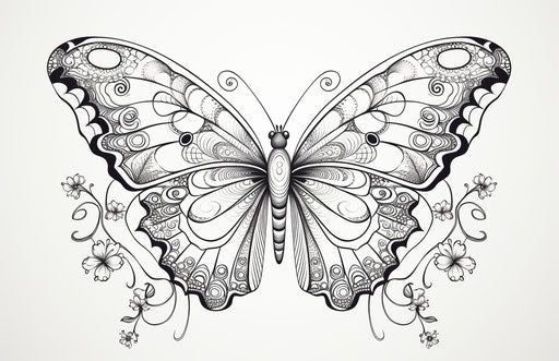 Online butterfly coloring page, natural ornamental style