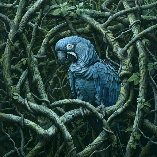 A Spix's macaw navigating through a maze of tree branches in the dense forest