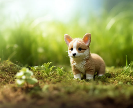 Young corgi puppy sitting in green grass