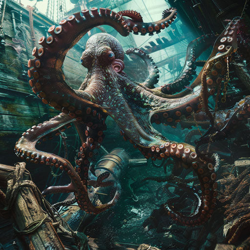 An octopus exploring a sunken pirate ship