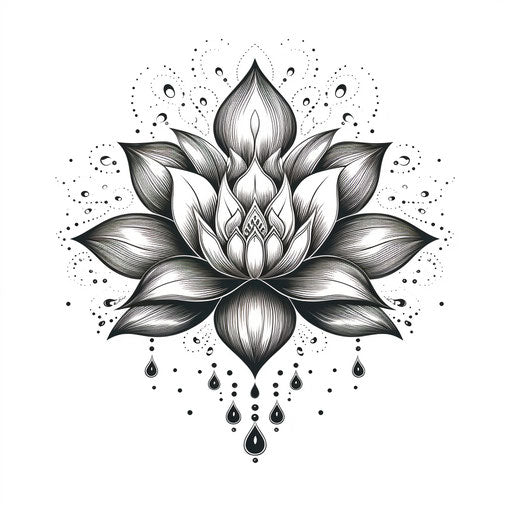 Floral lotus leaf tattoo design in black and white in the style of opulent ornaments, Indian traditions, minimalistic serenity, pointillist compositions, luxurious wall hangings, engraved line-work, Indian scenes